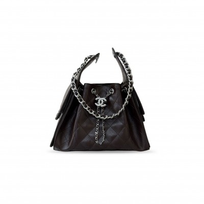 CHANEL MASTER SMALL 25 HOBO BAG DARK BROWN SHINY AGED CALFSKIN SILVER HARDWARE AS5293  (30*26*14cm)